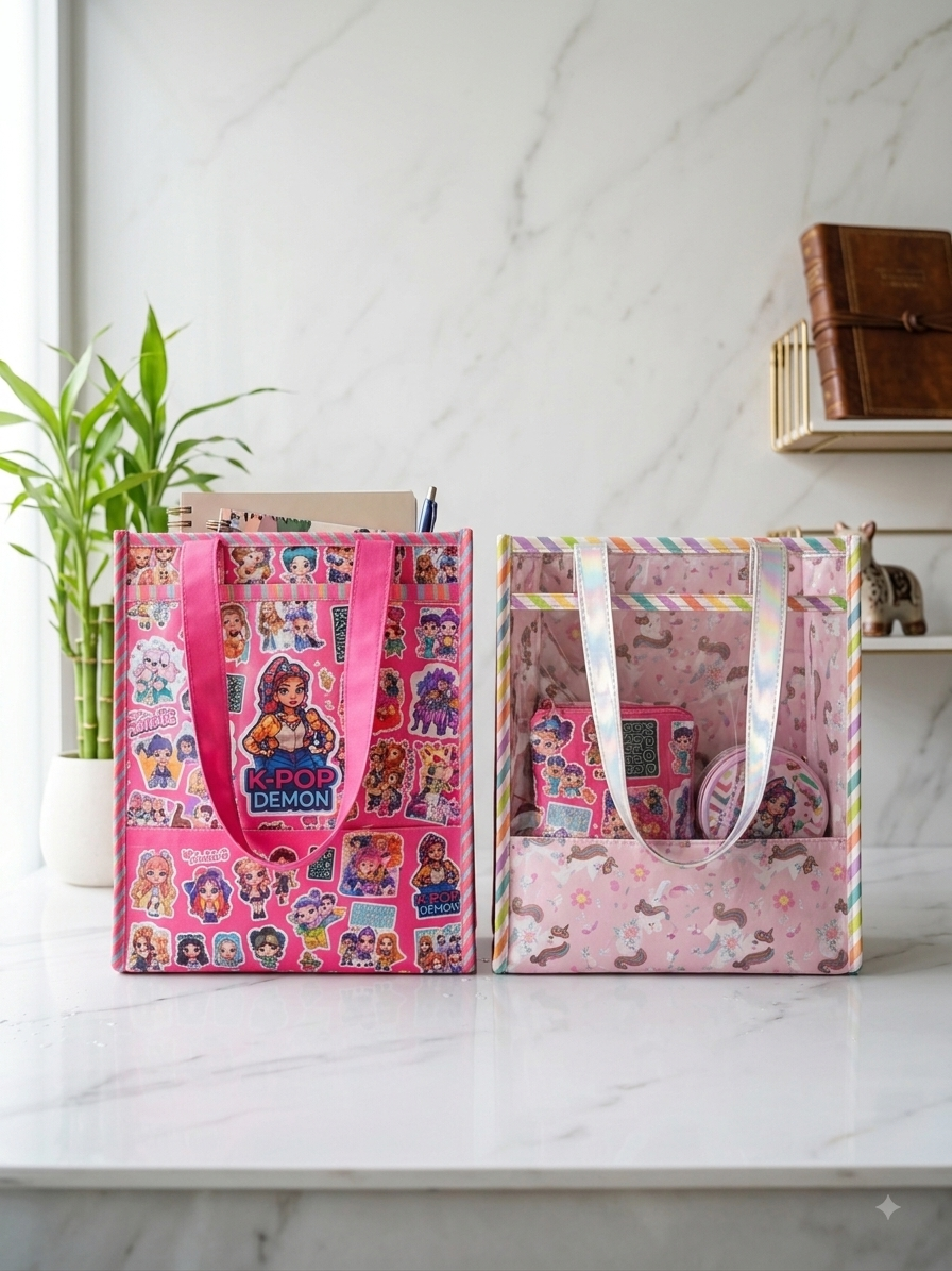 Character-print tote bags in K-Pop and unicorn designs