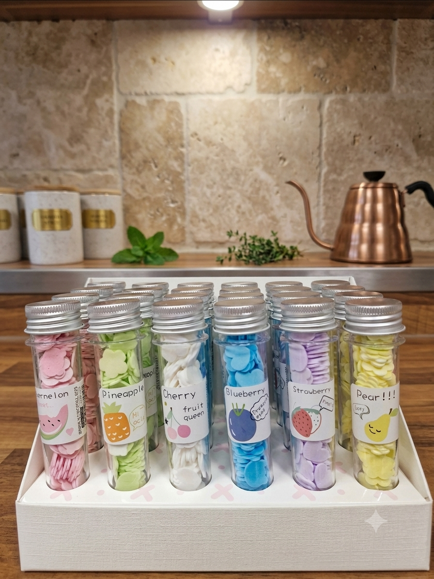 Portable fruit-scented paper soap sheets in travel vials