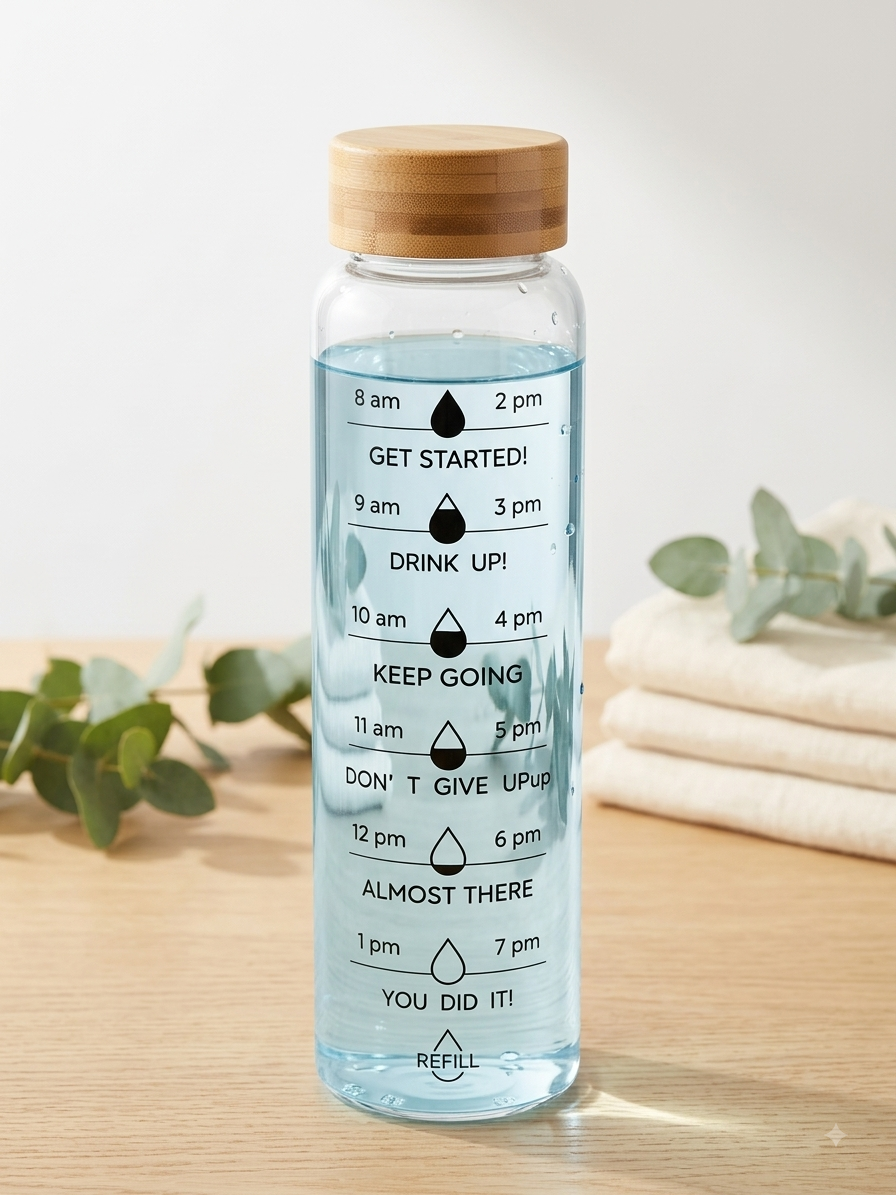 Glass water bottle with hourly time markers and a bamboo lid
