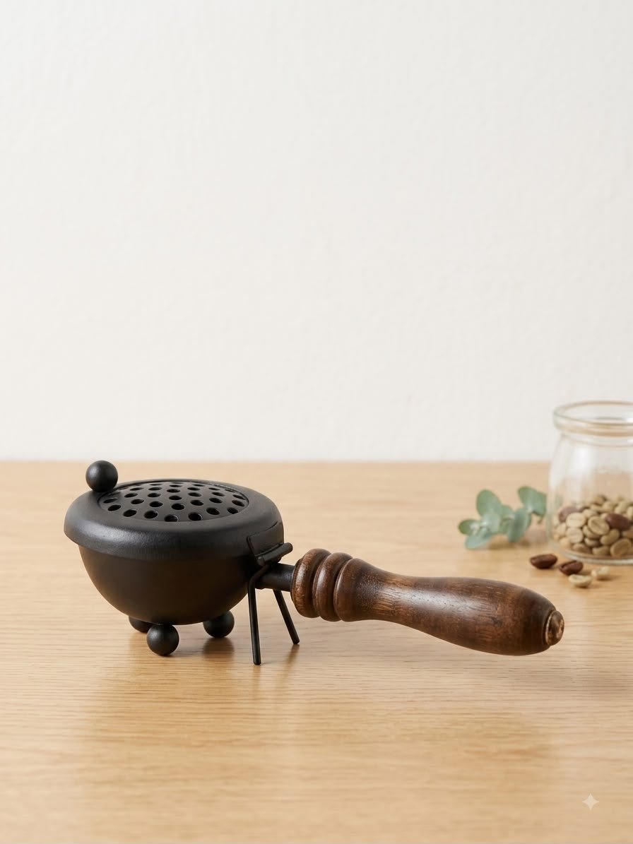 Black metal handheld dhoop and sambrani burner with wooden handle