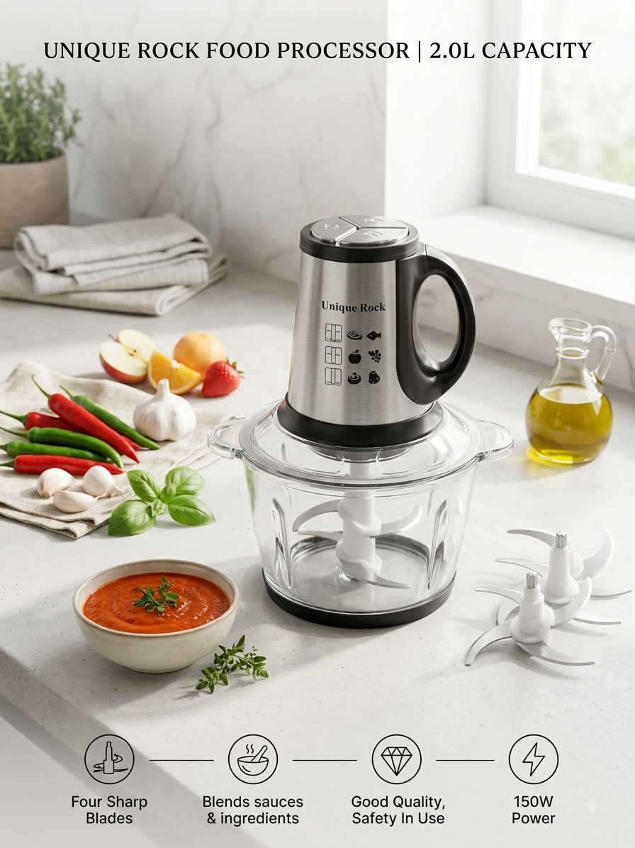 2 litre electric food processor with a glass bowl and four blades