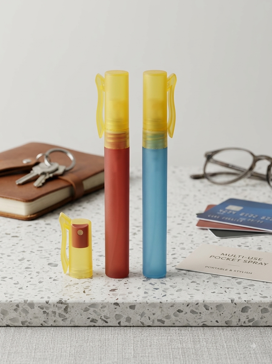 Slim refillable pocket spray bottles in red, blue and yellow