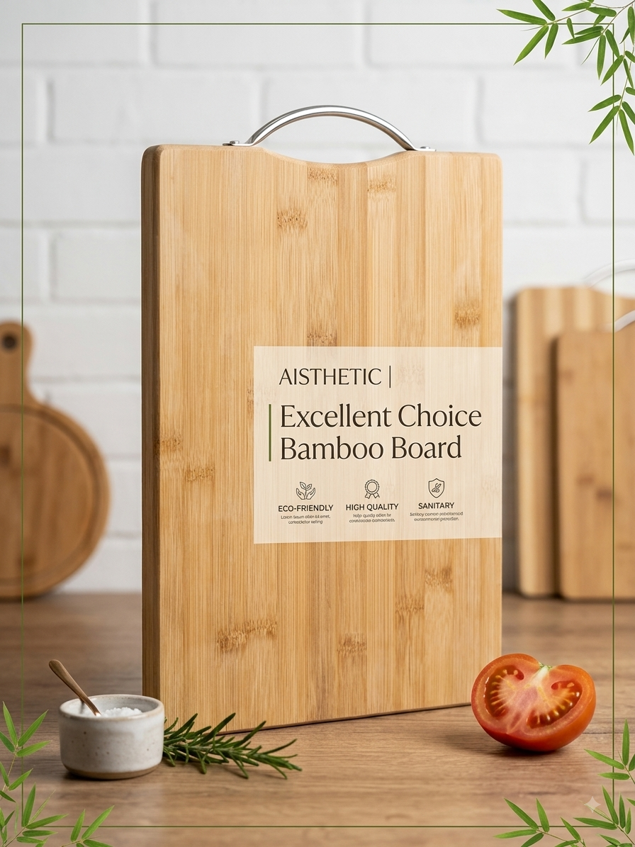Rectangular bamboo chopping board with a steel handle