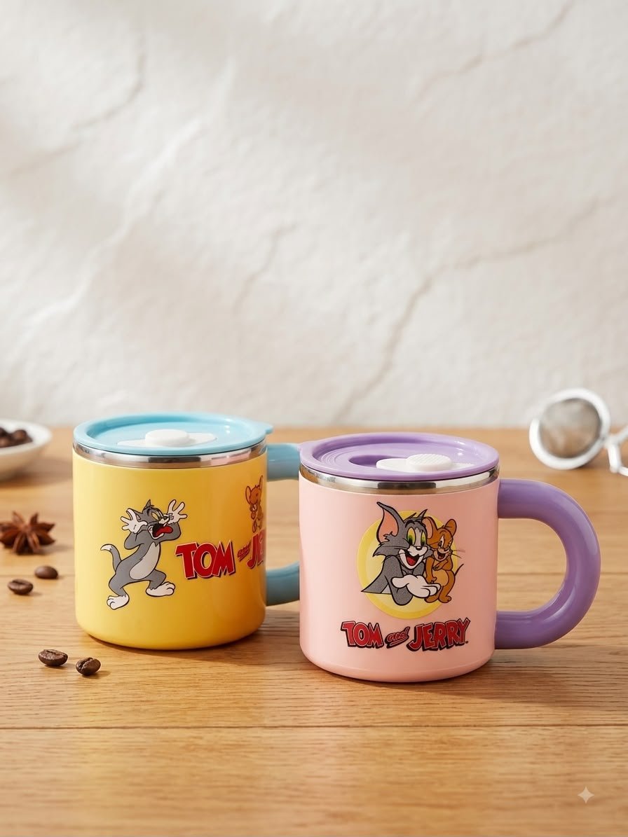 Tom and Jerry insulated steel mugs with sliding lids in yellow and pink