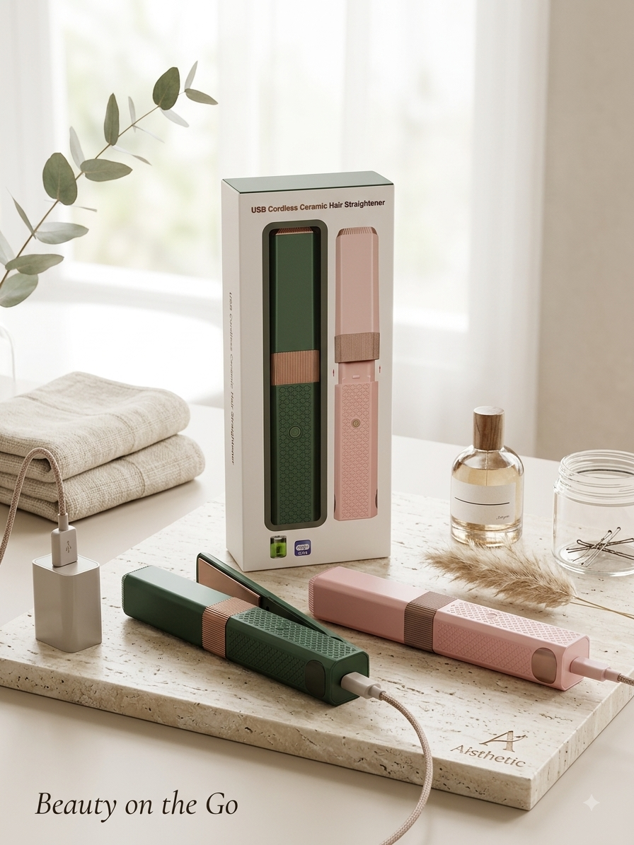 Cordless ceramic mini hair straighteners in green and pink