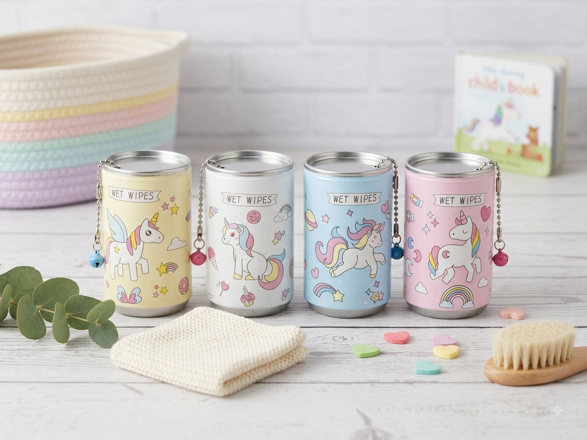 Unicorn-print portable wet wipes canisters with bell charms