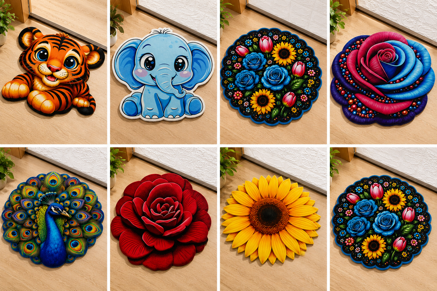 Shaped anti-slip floor mat in animal and 3D flower designs