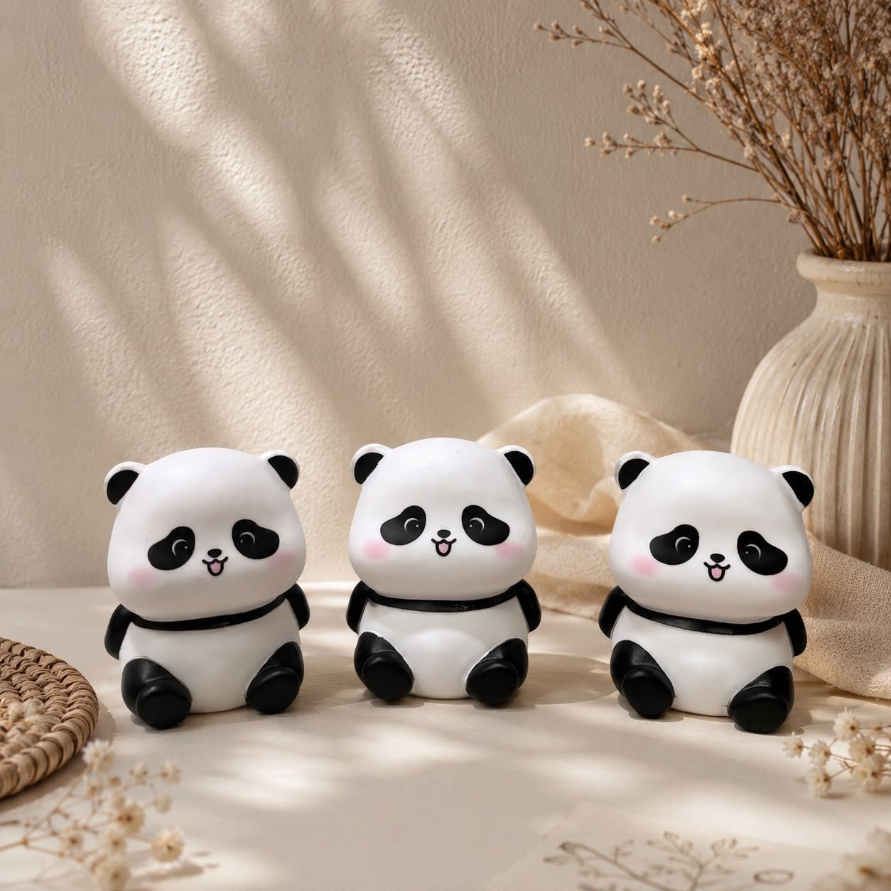 Set of three cute glossy panda figurines