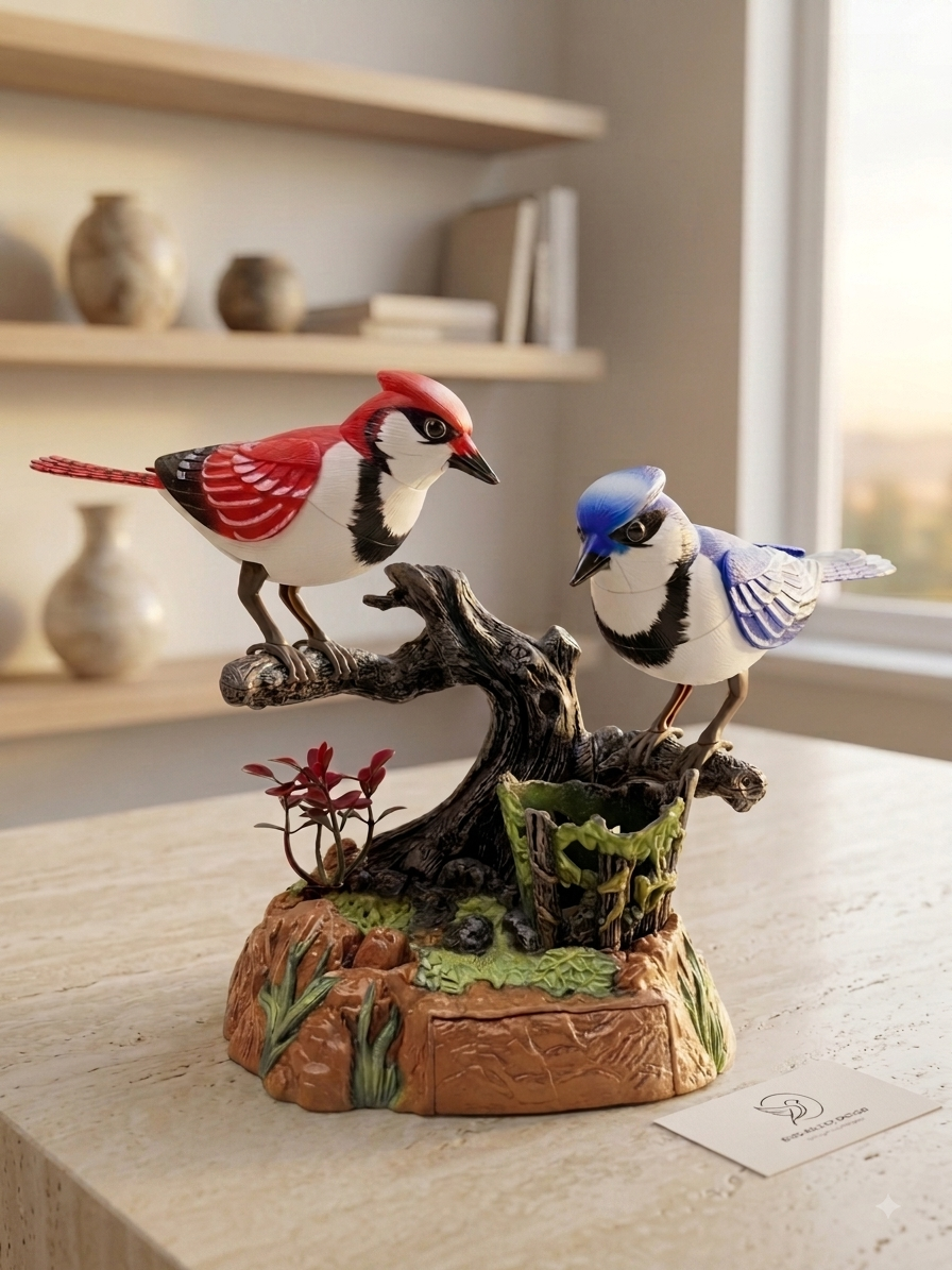 Sound-activated singing birds decoration on a tree stump base