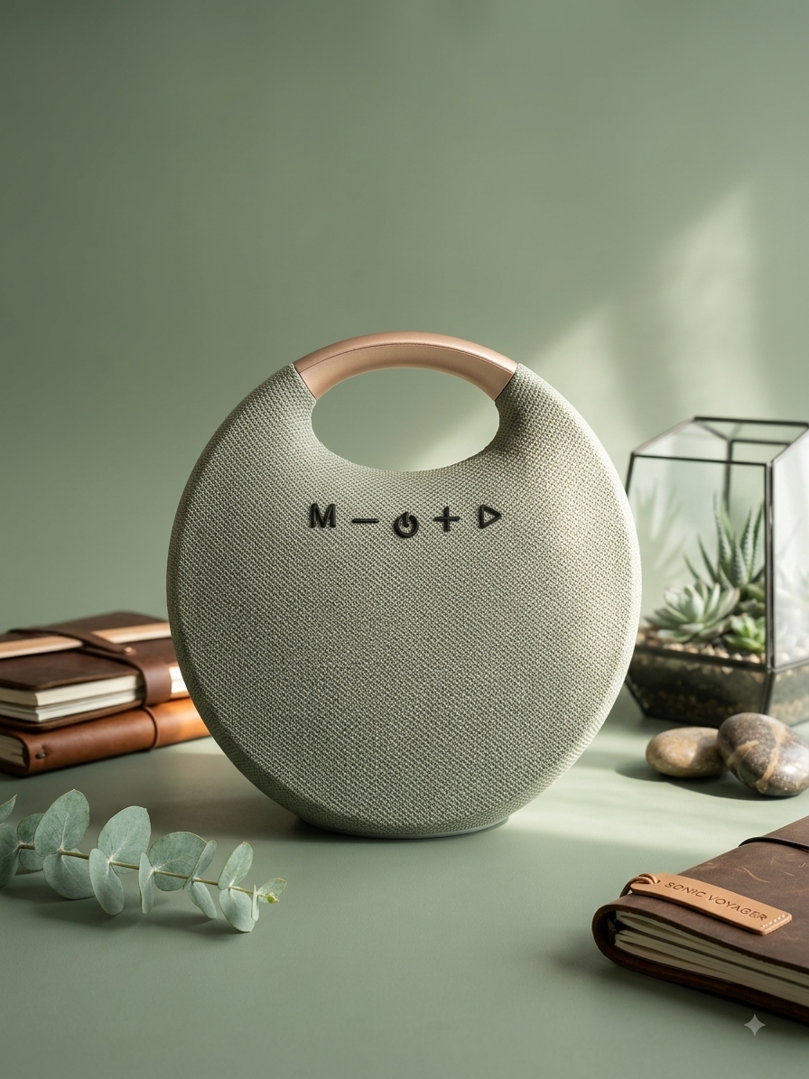 Round fabric-covered portable Bluetooth speaker with a handle