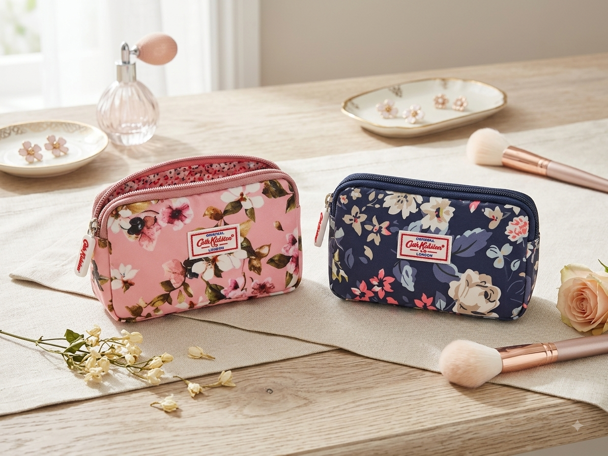 Floral-print zip cosmetic pouches in pink and navy