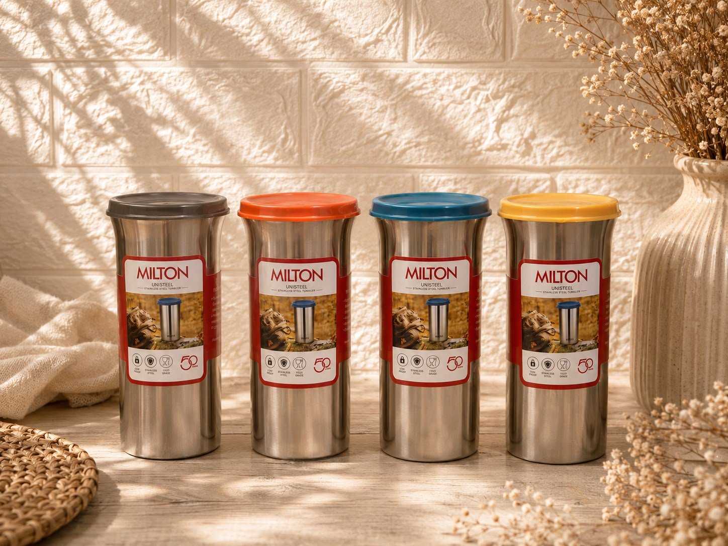 Milton Unisteel stainless steel tumblers with coloured lids