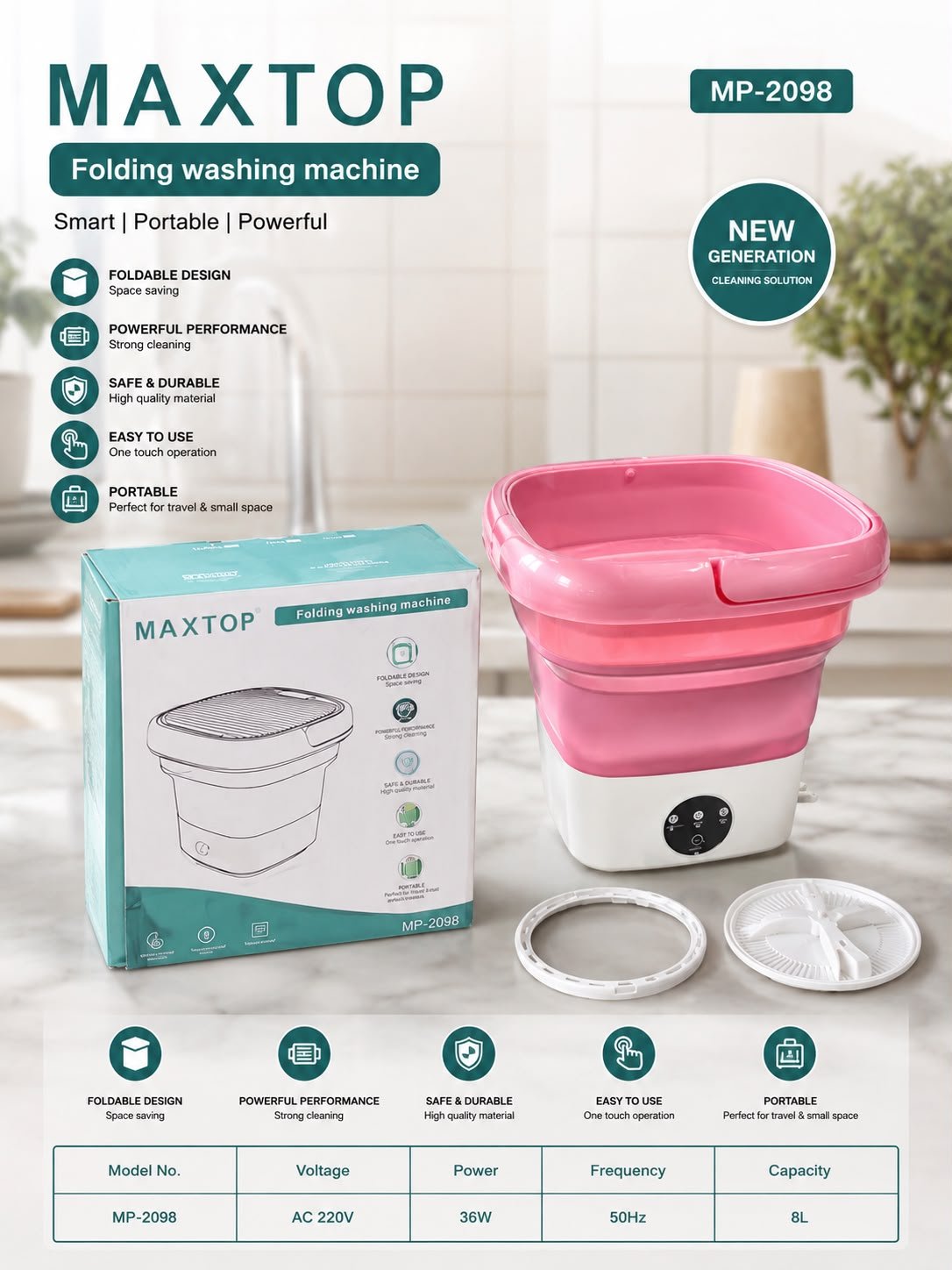 MAXTOP 2L Portable Folding Washing Machine MP-2098 | Compact Mini Washer