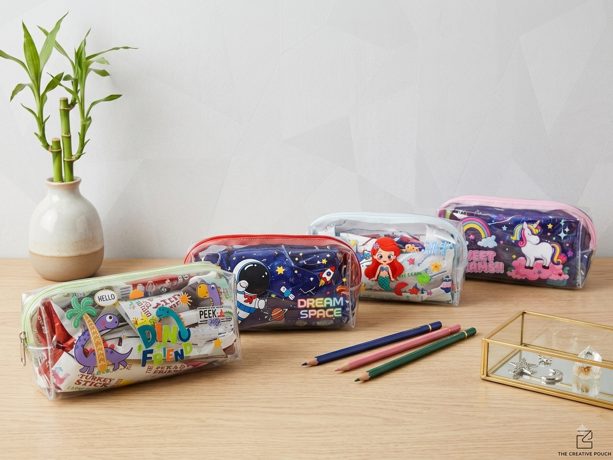 Clear PVC pencil cases with cartoon prints