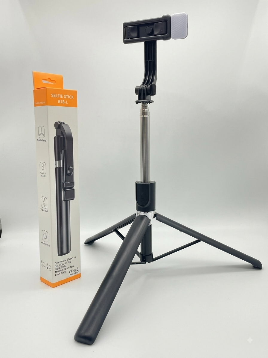 Foldable selfie stick that extends into a tripod with a fill light